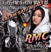 a woman in a white hoodie stands in front of a skull and says salam satu nyali greetings ons nyali