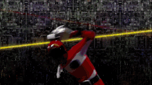 a person in a blue and white striped outfit is holding a green laser