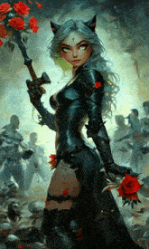 a woman with cat ears is holding a sword and a rose
