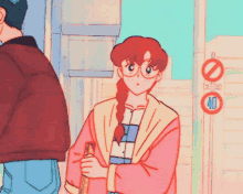a man and a girl are standing in front of a no parking sign