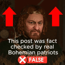 a man with a beard and a crown on his head is being checked by real bohemian patriots and the post is false