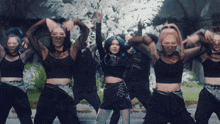 a group of female dancers are dancing in front of a cherry blossom tree