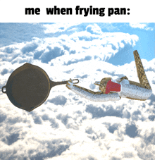 a picture of a person flying through the air with a frying pan