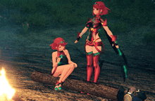 a couple of anime characters standing next to each other near a fire