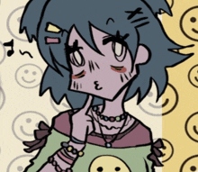a cartoon drawing of a girl with smiley faces on the background