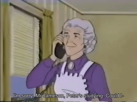 Aunt May talks to Jameson on the phone