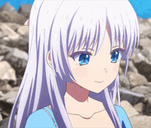 a girl with long white hair and blue eyes is wearing a blue dress
