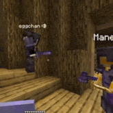a minecraft character is standing on a wooden floor holding a purple sword .