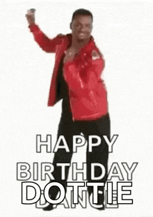 a man in a red jacket is dancing with the words `` happy birthday dontle '' .
