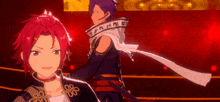 a couple of anime characters standing next to each other on a stage