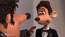two cartoon mice are standing next to each other and one is wearing a tuxedo .