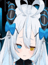a close up of a cartoon character with horns and blue bows