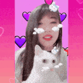 a girl holding a white cat with hearts around her face
