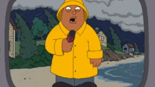 peter griffin from family guy is holding a microphone in his hand