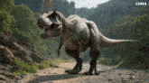 a t-rex with its mouth open and a luma logo in the corner