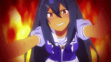a cartoon girl with long black hair is standing in front of a fire .