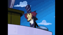 a cartoon character wearing a purple hat and a white shirt