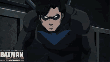 a poster for batman bad blood shows a close up of the face of robin