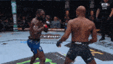 two men in a boxing ring with one wearing venum