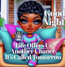 a cartoon girl is sitting in a chair holding a cup of coffee and a good night message .