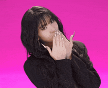 a woman with long black hair and a choker on her neck is making a funny face
