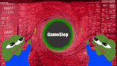 two green frogs are looking at a screen that says gamestop