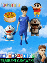 a boy in a blue shirt with the number 33 on it is surrounded by doraemon and crayon shin chan