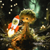 a cartoon character is holding a small rocket with a y on it
