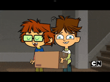 two cartoon characters holding a cardboard box with cn on the bottom left