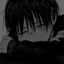 a black and white drawing of a boy with his eyes closed .
