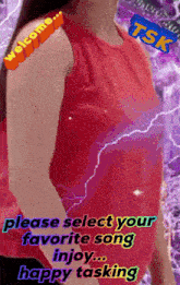 a woman in a red tank top with the words " please select your favorite song enjoy happy tasking "