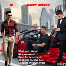 a happy weeken greeting card with three men and a car