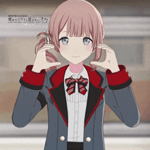 a girl with pink hair and blue eyes is wearing a black jacket and red cuffs
