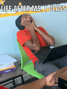 a man sits in a green chair with a laptop and the words life after ms. t class behind him