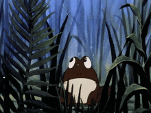 a frog is sitting in the grass looking up