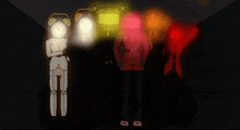 a group of people with clocks on their heads are standing in a dark room