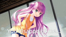 a girl with purple hair is standing in front of a window with the words " you disappoint me " below her