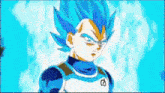 a close up of a dragon ball z character with blue hair .