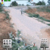 a video game shows a person riding a bike on a road with a brake and boost button