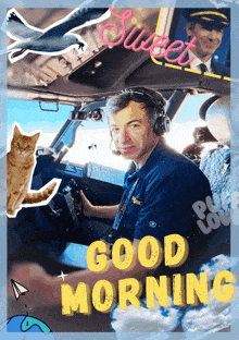 a man wearing headphones sits in the cockpit of an airplane with the words " good morning " below him