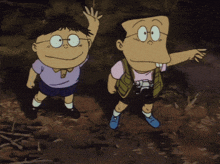 two cartoon characters are standing next to each other and one has a camera on his back