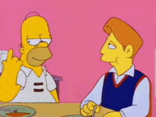a cartoon of homer simpson pointing at a man with a backpack