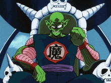 a cartoon character with chinese writing on his shirt is sitting on a throne
