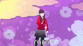 a girl in a red jacket is dancing in front of purple flowers and the words ruru