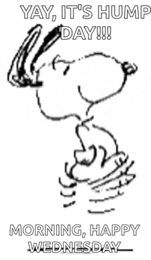 a black and white drawing of snoopy saying `` yay , it 's hump day !! ''