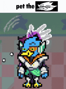 a pixel art of a bird with the words pet the on top