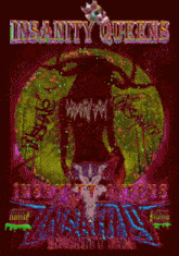 a colorful poster for insanity queens shows a woman with horns on her head