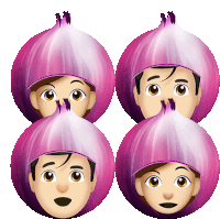 four cartoon faces in purple onion hats with different expressions