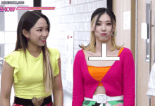 two women are standing next to each other with the words show on the bottom right