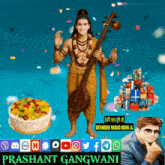 a poster for prashant gangwani shows a man holding a musical instrument and a cake
